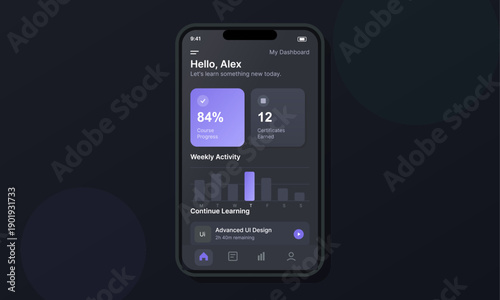 A dark mode mobile application dashboard interface showing course progress, certificates earned, a weekly activity bar chart, and a continue learning section for an online student.