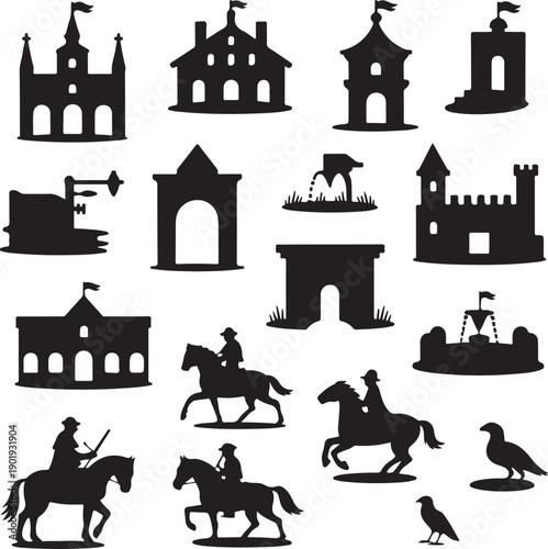 black silhouettes of medieval castles and people on horses