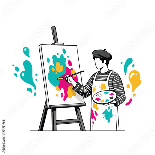 Artist painting on canvas with colorful paint splashes.