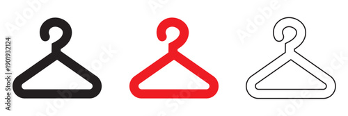 Clothes Hanger Icons in Multiple Styles. Simple illustration of clothes hangers in black, red, and outline styles, representing fashion, retail, wardrobe organization, and apparel concepts.

