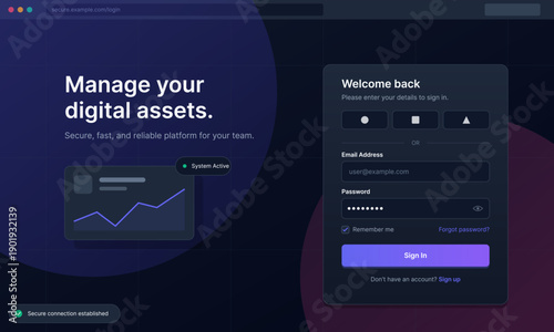 A dark mode user interface for a digital asset management platform featuring a login form with email and password fields, a sign in button, and a small data visualization widget.