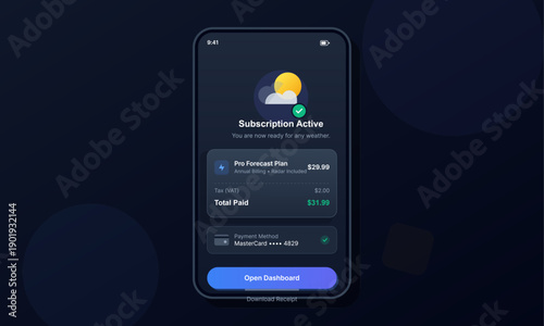 A smartphone screen displays a successful subscription confirmation for a weather forecast application. The interface shows payment details, plan information, and a button to open the dashboard.