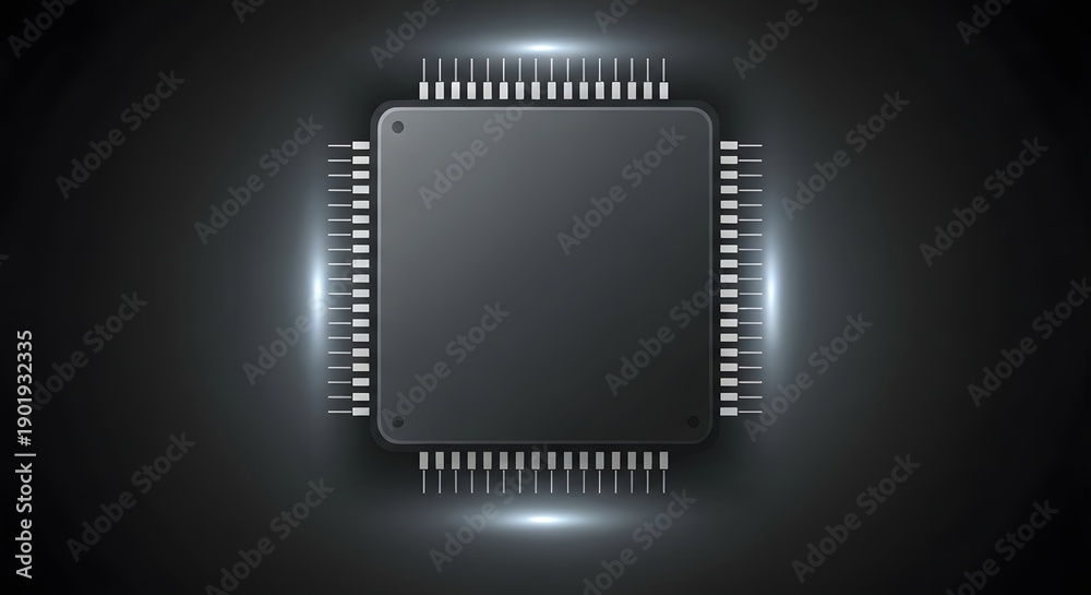 Fototapeta premium Abstract dark electronic microchip or processor unit illustration with glowing effect on a black background, representing computing power and data.