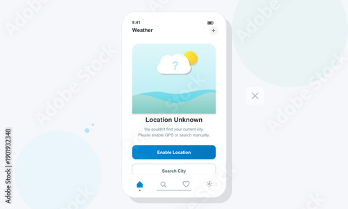 A mobile weather application interface displays a location unknown message with a cloud icon and buttons to enable location or search for a city on a white smartphone screen.