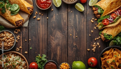 A vibrant spread of Mexican food on a rustic wooden table with tacos, salsa, and various toppings