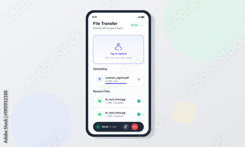 Smartphone screen showing a file transfer interface during a live support call. The app displays an active PDF upload progress bar and a list of recently uploaded image files.