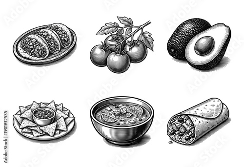 Mexican cuisine illustration set featuring tacos, tomatoes, avocado, nachos, soup, and burrito in a vintage woodcut engraved style.