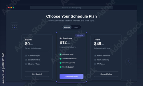 A dark themed web interface displays a subscription pricing table for a calendar application with starter, professional, and team plans including various features and monthly costs for users.