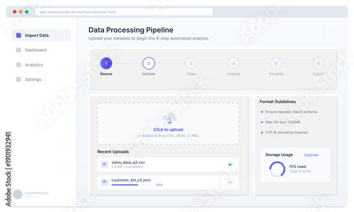 This user interface design shows a data processing pipeline with a six-step workflow, file upload section, recent activity, and storage capacity monitoring on a clean layout.