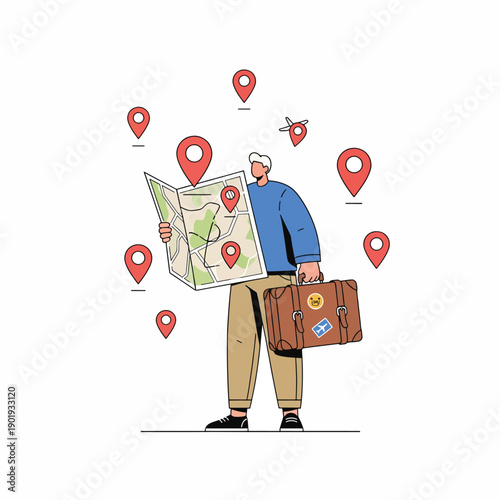 Man Holding Suitcase and Large Map.