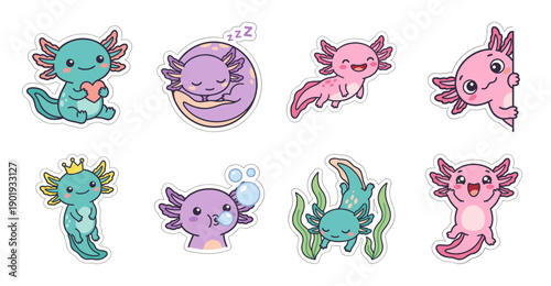 Cute Axolotl Sticker Set, Cartoon Character Vector Collection