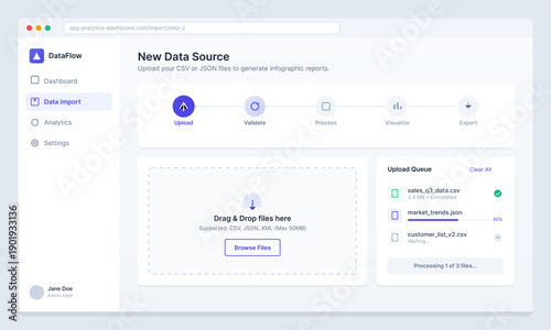 A clean user interface for a data management web application showing a file upload process with a progress bar, drag and drop area, and a list of files in the upload queue.