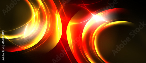 Abstract design features vibrant orange, red curves. Bright light emanates from center, contrasting dark background. Dynamic energy flows throughout composition.