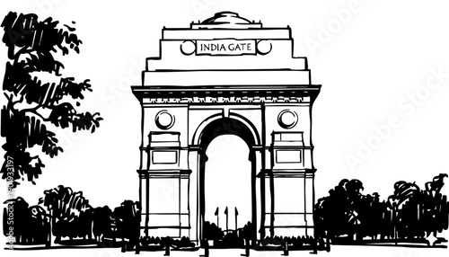 India Gate Pencil Sketch Illustration, India Gate Monument in New Delhi