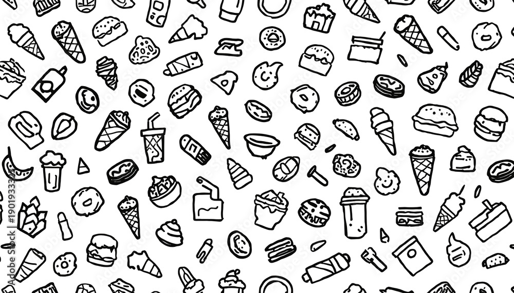 Naklejka premium A black and white illustration of various food items scattered across a plain background