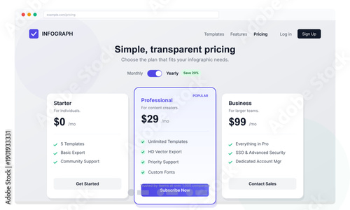 A clean user interface design of a website pricing page featuring three subscription tiers for a digital service with monthly and yearly billing options and call to action buttons.