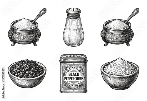 Vintage engraving style collection of salt and pepper containers featuring ornate cellars shakers tins and bowls of peppercorns and sea salt crystals.