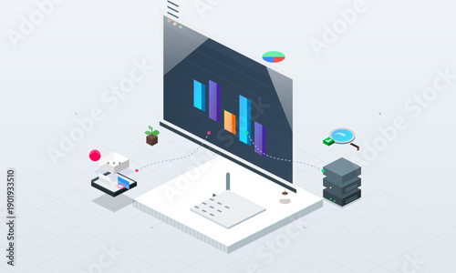 Isometric illustration of a computer monitor displaying a colorful bar chart, connected to server stacks and data analysis tools on a light grey grid background.
