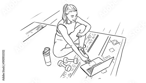 Line art illustration of a young woman sitting on the floor using a laptop, representing remote work, study, freelancing, and modern digital lifestyle