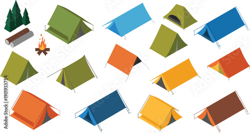 isometric camping tent set, outdoor adventure equipment forest campfire travel hiking shelter 3d illustration collection design pack