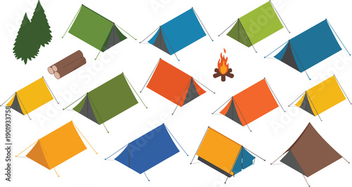 isometric camping tent collection, outdoor adventure gear forest campfire travel hiking shelter 3d illustration set equipment design pack
