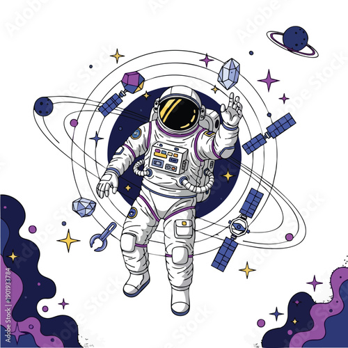 Astronaut in space with satellites and crystals.