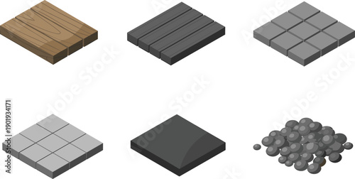 isometric, flooring, materials, tiles, wood, concrete, stone, gravel, 3d, illustration, vector, construction, pavement, texture, set, architecture, design, modern, background, collection
