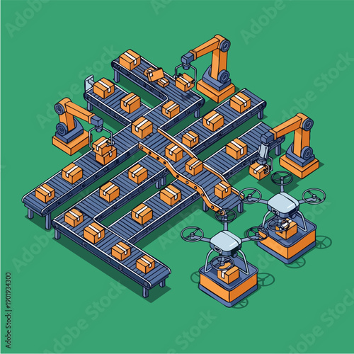 Automated Logistics System with Conveyor Belts Robotic Arms and Delivery Drones.