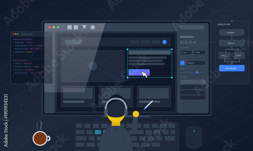 A flat vector illustration showing a person with headphones working on a web design interface. The scene includes code snippets, a user flow diagram, and a cup of coffee on a dark desk.