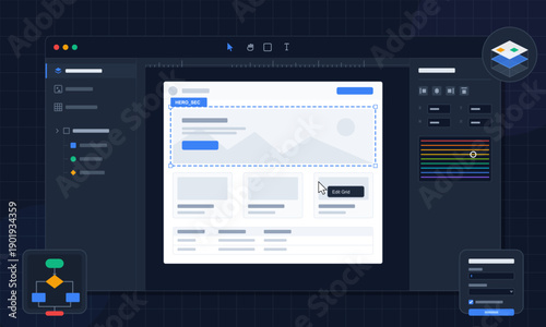 A digital illustration of a website design software interface featuring a dark theme, various editing tools, a layout canvas, and floating UI elements for web development.