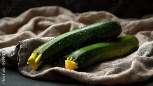Fresh Green Zucchini on Soft Cloth with Natural Light and Dark Background