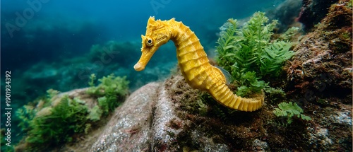 Captivating Yellow Seahorse Amidst Vibrant Underwater Vegetation and Coral Reef
