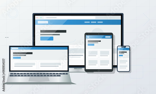 A flat vector illustration showing a responsive website layout displayed across a desktop monitor, laptop, tablet, and smartphone on a light blue background with grid lines.
