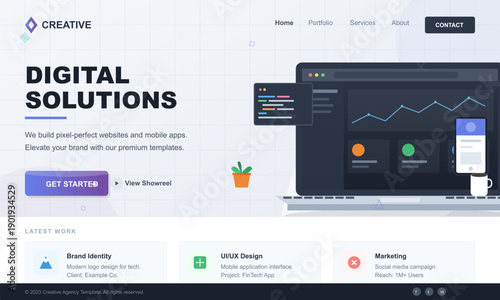 This digital agency landing page template displays a laptop with a data dashboard, a smartphone, and service sections for brand identity, UI design, and marketing strategies.