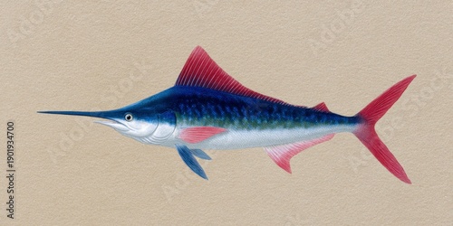vintage art of a sailfish, in blue and red color, on a beige background