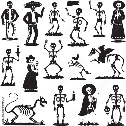 Black silhouettes of skeletons in various poses and costumes on white background