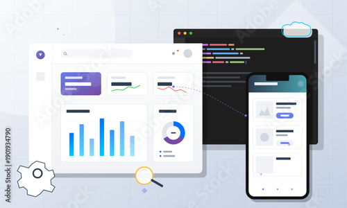 This digital illustration displays a web analytics dashboard with bar and pie charts alongside a code editor and a mobile phone interface, representing software development and data analysis.