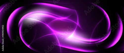 Bright purple abstract swirls dominate black background. Light radiates, creating dynamic energy, smooth curves. Elegant design.