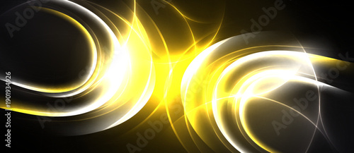 Bright yellow energy flows, curves intersect. Dark background emphasizes luminous abstract design. Modern, dynamic visual composition.