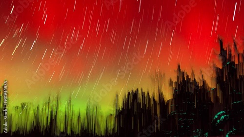 Aurora over forest. Calm night timelapse with northern lights.