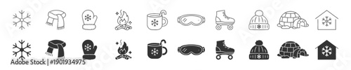 Winter season icon set with line and silhouette versions of holiday symbols including snowflake scarf mitten campfire cocoa goggles skate hat igloo and house for cold weather vacation activities