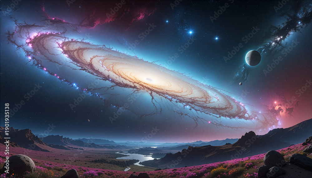 Fototapeta premium A galaxy with bright stars and planets fills the sky above a landscape with flowers and mountains. The scene blends vibrant colors and striking elements in the cosmos.