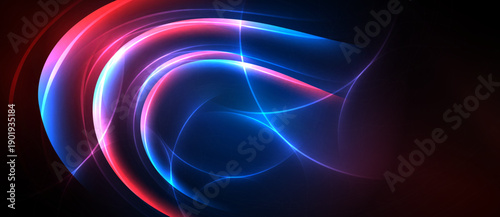 Bright neon curves swirl against dark background. Vivid blues, reds create dynamic abstract composition. Energy radiates from central point.