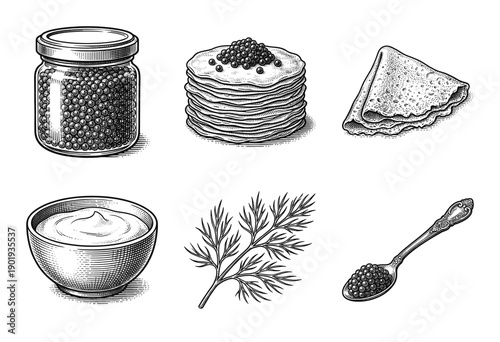 Set of black and white woodcut style illustrations featuring caviar jar, blinis pancakes, sour cream bowl, dill garnish, and decorative spoon.