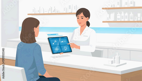 Flat vector illustration - Consultation at a skin care clinic with a professional discussing treatment options on a tablet