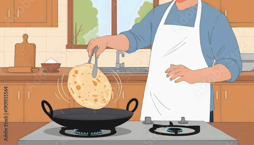 Flat vector illustration of a home cook turning over freshly prepared flat bread in a pan in a cozy kitchen