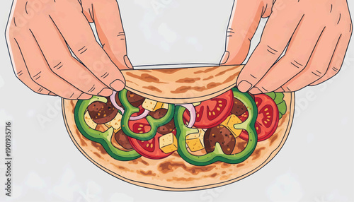 Flat vector illustration - Hands preparing a delicious vegetable roll with fresh ingredients