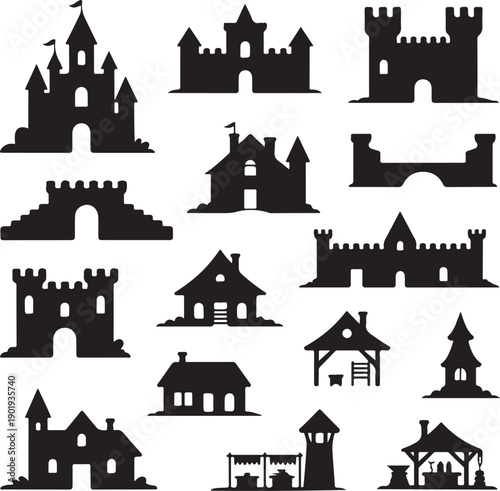 black silhouettes of various castle and house structures on white background