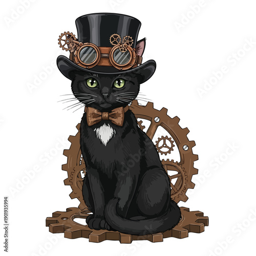 Black Cat Steampunk Gentleman with Top Hat and Goggles.