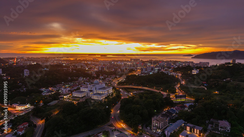 Beautiful sunset with dramatic burning cloud in Kota Kinabalu, Sabah, Malaysia